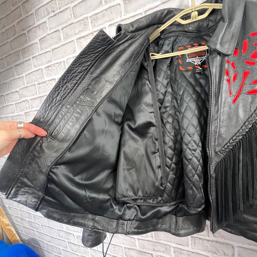 🚫SOLD! 🏍️🌹|•INTERSTATE LEATHER•| Rose Inlay Fringe Heavy Black Leather Jacket Si - Picture 9 of 15